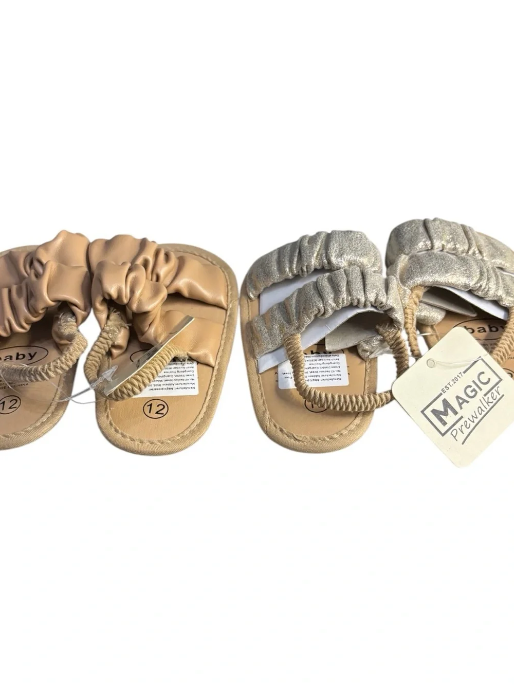 2 Pairs Magic Prewalker Baby Girl Shoes Sandals Metallic & Tan Size 12